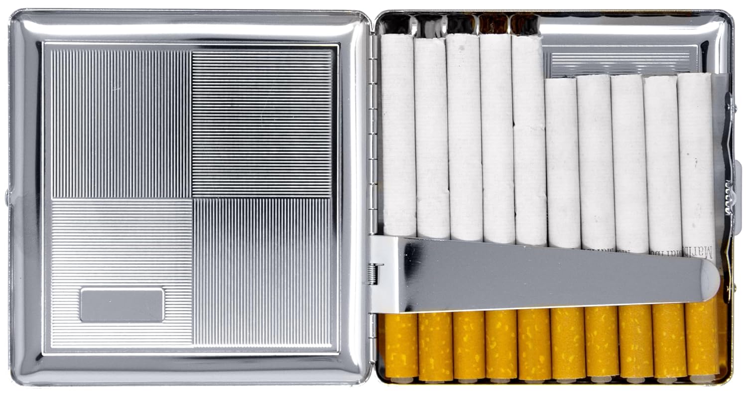 Set of 2 Compact Metal-Plated King Size Cigarette Case & Stash Box (Silver Four Square)