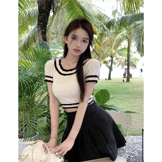 VISgogo Prendas de punto ajustadas para mujer, tops de ganchillo recortados de manga corta con cuello redondo de patchwork blanco, talla única VISgogo moda