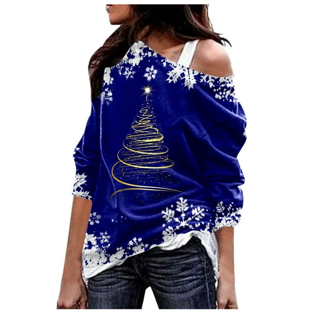 Chandail à Épaules Dénudées avec Imprimé Arbre de Noël pour Femmes, Blouse Décontractée à Manches Longues, Chandail Ample et Ample, Grande Taille