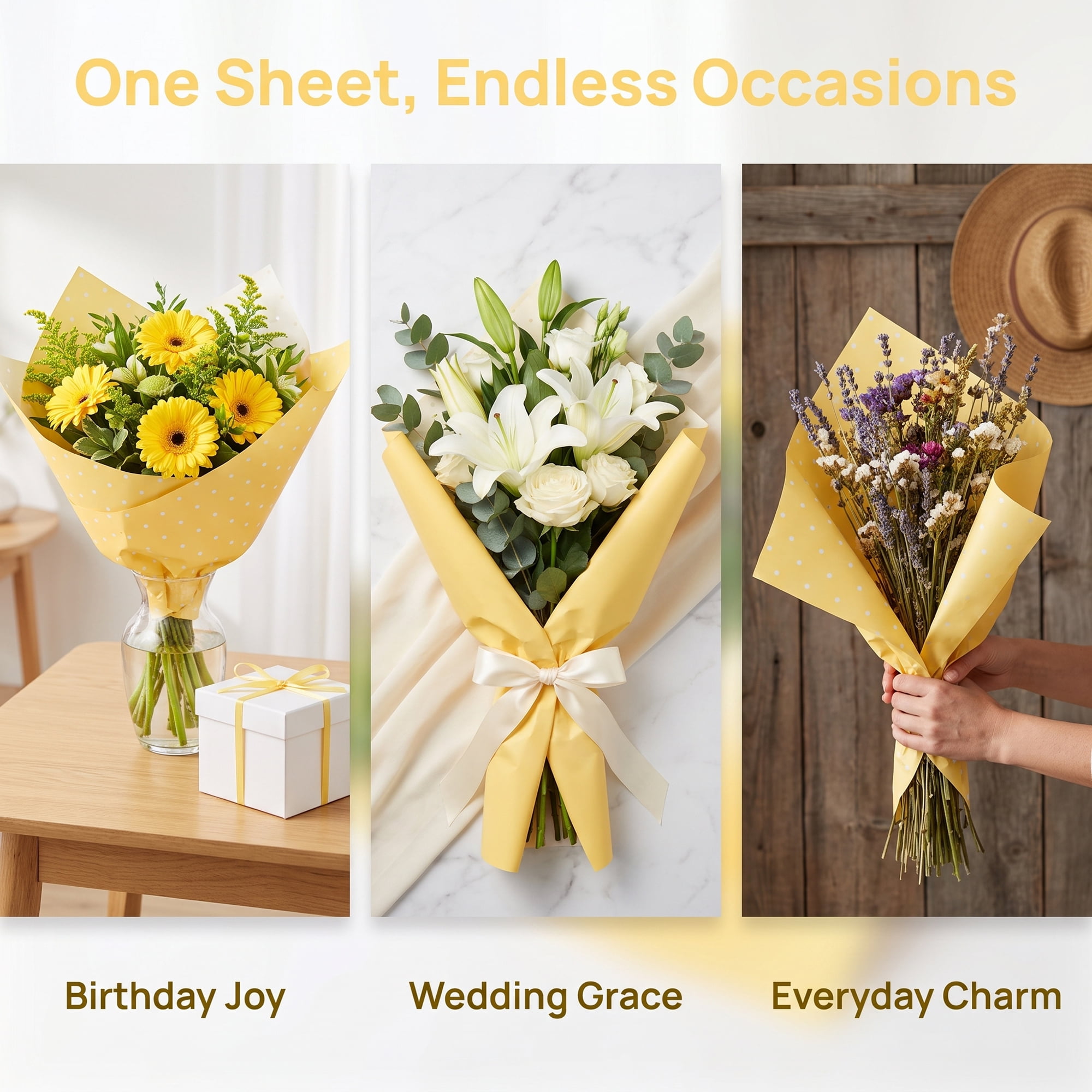 Unique Bargains Waterproof Luxury Matte Gift Wrapping Paper for Bouquets Yellow 22" x 22"