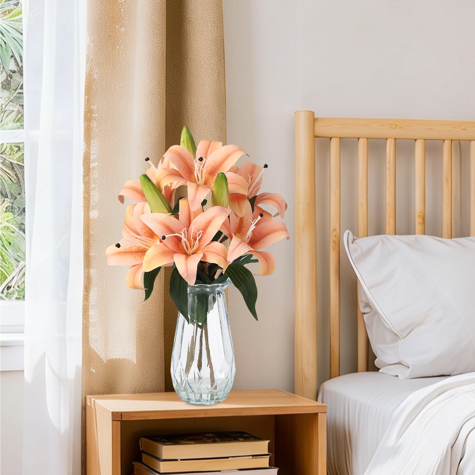 6 Pcs Artificial Tiger Lily Real Touch Easter Lily Fake Spring Flowers with Vase, for Indoor Outdoor Home Decor, Wedding Centerpieces, Cemetery Memorial Flowers
