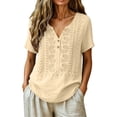 thumbnail image 2 of QUNYINEY Women's T-Shirts Summer Cotton Linen Short Sleeve Solid Shirt Casual V Neck Loose Fit Pullover Embroidered Tops, 2 of 9