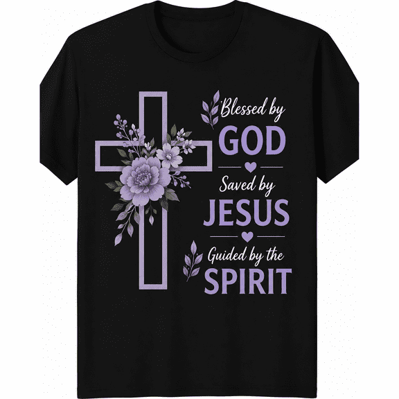 Women's Christian Cross T-Shirt Purple Floral Faith Graphic Tee Blessed by God Saved by Jesus Inspirational Shirt Faith Inspired Blessed by God Saved by Jesus Purple Flower Casual Tee