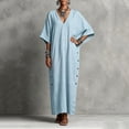 thumbnail image 5 of Ayolanni V Neck Fall Dresses 3/4 Sleeve Cotton Shift Maxi Dresses Solid Holiday Flowy Casual Long Dress with Pockets Blue M, 5 of 6