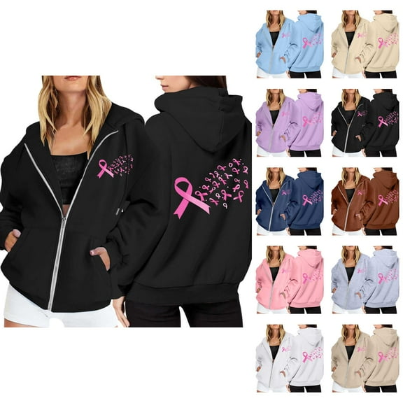 White Hoodie Womens Oversized Sweatshirt Casual Lightweight Zip Up Outfit Women's Pullover Cancer Awareness Month Long Sleeve Pocket Drawstring For Everyday Wear