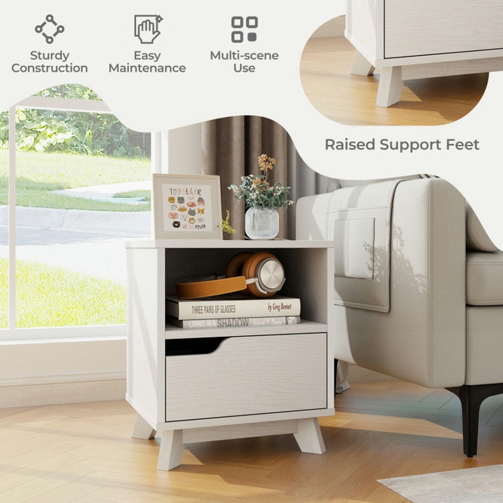 Finihen End Table, Nightstand, Mid Century Modern Bedside Table with Storage Drawer and Open Shelf, Sofa Side Table, Bed Side Table, for Living Room, Bedroom, White Finihen End Table, Nightstand, Mid Century Modern Bedside Table with Storage Drawer and Open Shelf, Sofa Side Table, Bed Side Table, for Living Room, Bedroom, White