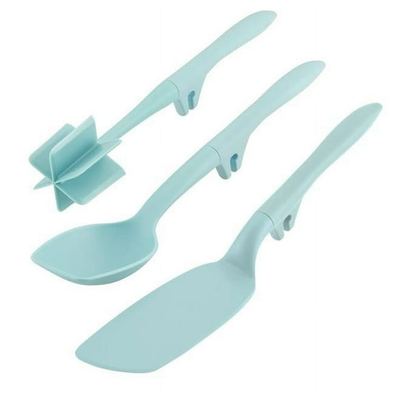 Rachael Ray Tools and Gadgets 3 Piece Lazy Crush & Chop, Flexi Turner, and Scraping Spoon Kitchen Utensil Set, Light Blue