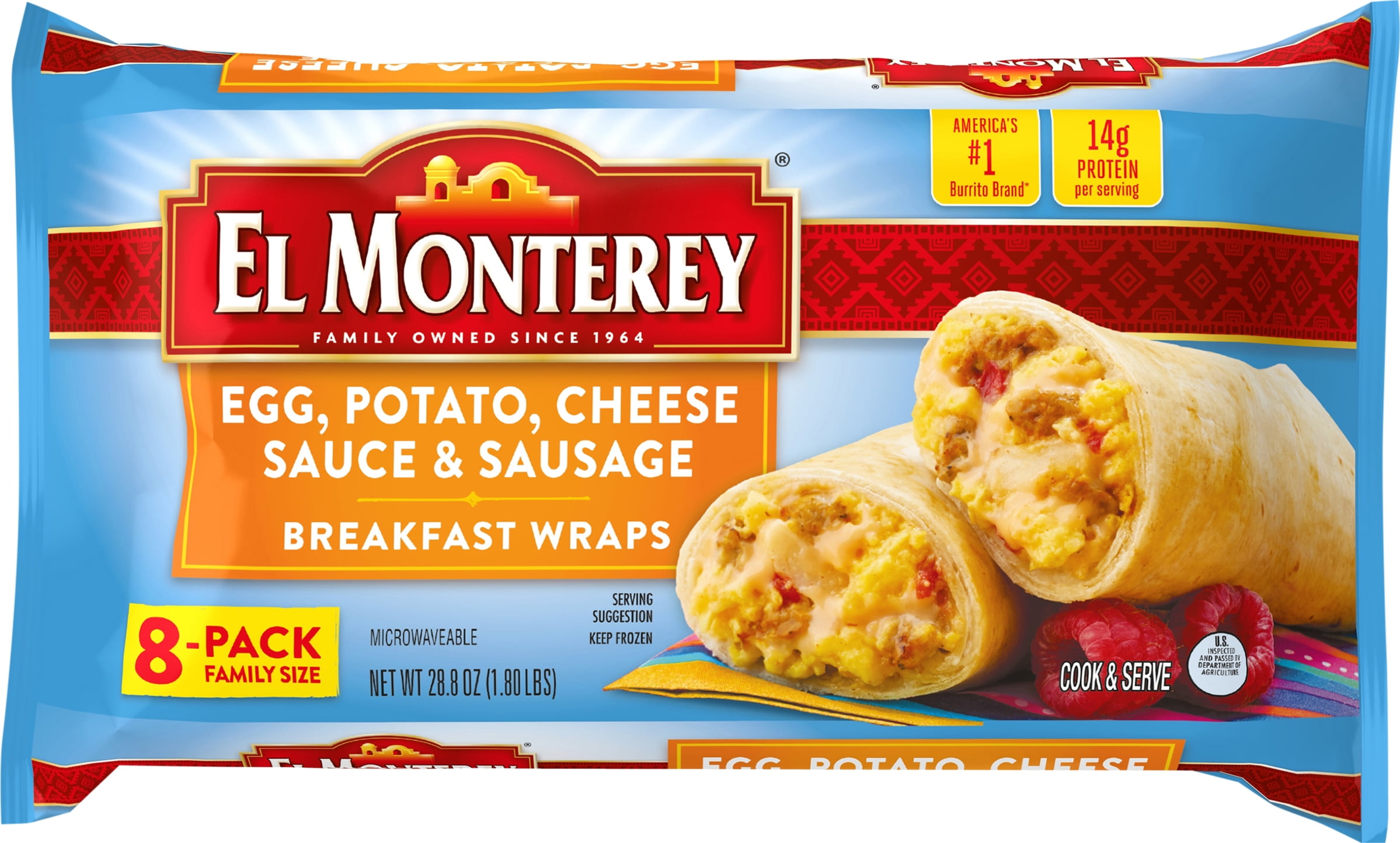 El Monterey Egg, Potato, Cheese Sauce & Sauage Breakfast Wraps, 28.8 oz Family Size, 8 Ct (Frozen)