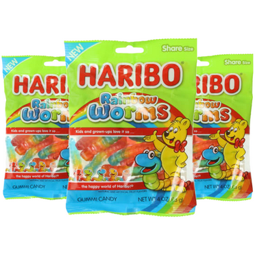 Haribo Rainbow Gummy Worms Pack of 3 (4 oz Bags) Sweet Gummy Candy for Easter, Christmas and More!