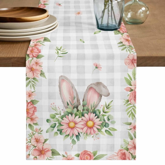 Table Runner 72 Inches Long for Kitchen Dining, Pink Floral Easter Dresser Scarf Farmhouse, Dining Table Decorations for Wedding/Parties, Spring Flowers Grey Plaid Pastoral 16 x 72 In