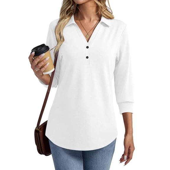 Women's V Neck Polo Shirts 3/4 Length Sleeve Tops Collared Business Casual Summer Blouses White L