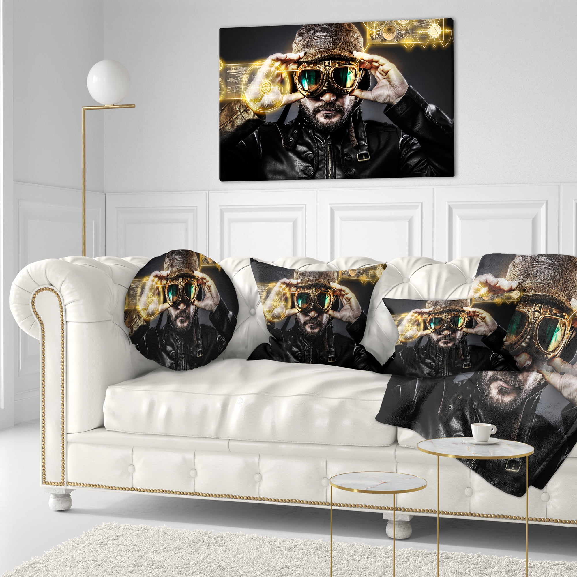 Designart Fighter Pilot with Hat and Glasses - Abstract Portrait Throw Pillow - 12x20