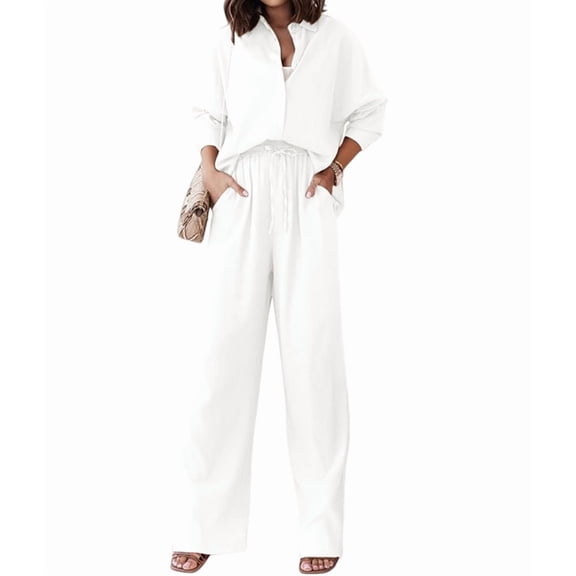 Women'S Solid Color Collared Blouse and High Waist Pants Two Piece Set Fashion White XL