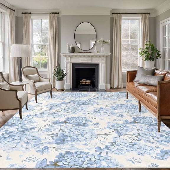 Blue Floral Large Area Rug 8x10 FT, Non Slip Living Room Throw Carpet, Garden Petals Flower Botanical Tree Branch Washable Soft Indoor Outdoor Carpet Non-Shedding Rug for Bedroom Dining Room