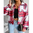 thumbnail image 3 of SEARIPE Women's Casual Plaid Fleece Crop Shirt Jacket Shacket Long Sleeve Button Lapel Jacket Coat with Pockets Red XS, 3 of 5