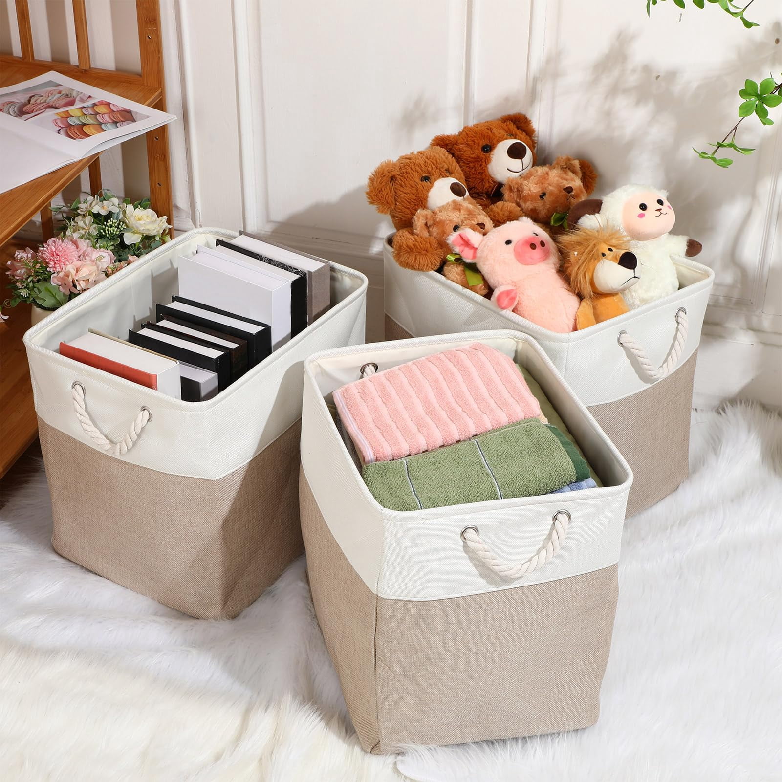 8 Pack Collapsible Storage Bins Fabric Storage Bins Polyester Fabric Baskets with Handles Linen Closet Organizer for Shelf Home Closet Towels Toys(12 x 12 x 12 in,Beige)