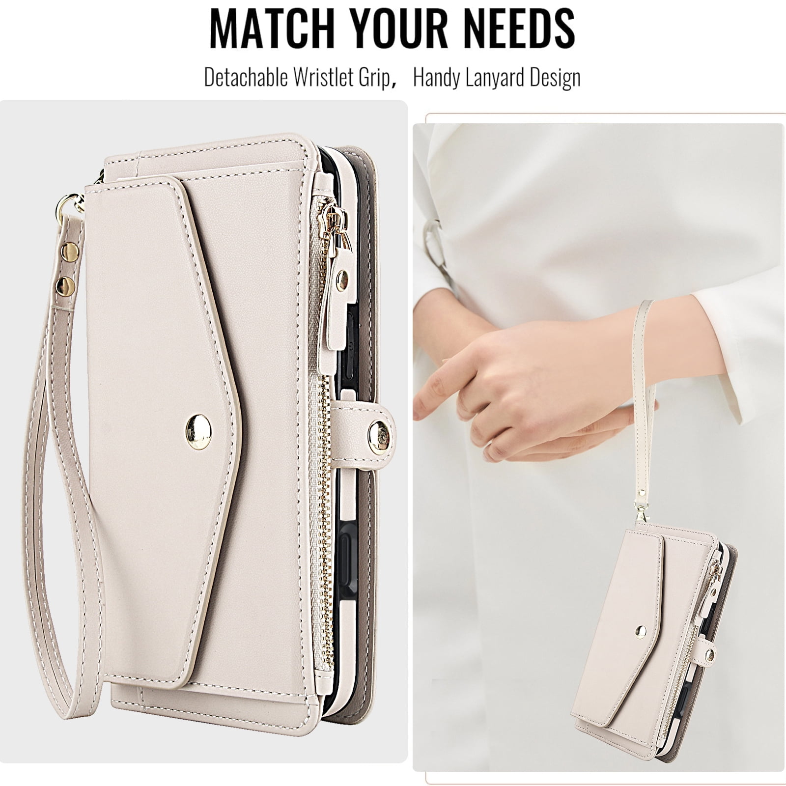 Dteck Crossbody Wallet for iPhone 15 Pro with Detachable Magnetic Phone Case, Compatible with MagSafe, RFID Blocking PU Leather Flip Cover Wrist Strap Zipper Card Holder Slots,White