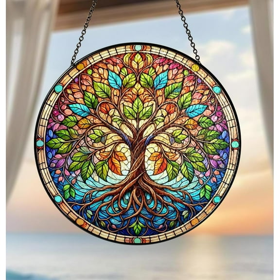 Tree of Life Stained Glass Suncatcher – Light Catcher Window Hanging, Nature Symbol Art, Gift for Mom or Grandma