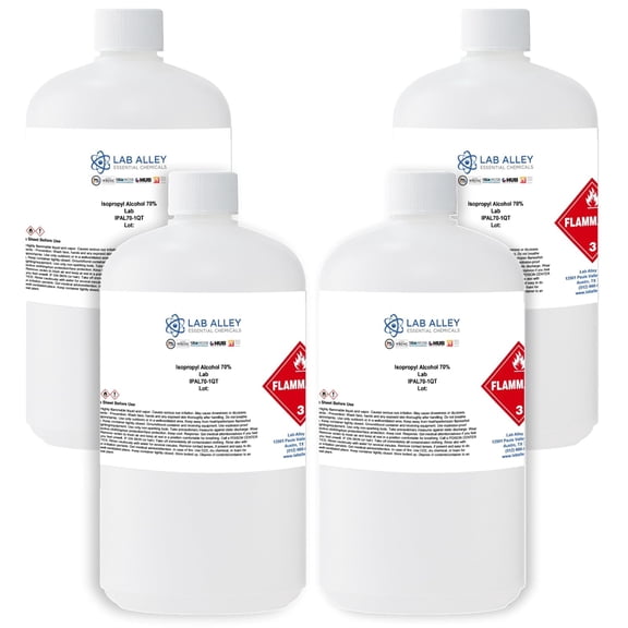Lab Alley Isopropyl Alcohol 70% Lab Grade, Rubbing Alcohol, Great for Cleaning - 1 Gallon Total (Pack of 4 x 1 Quart Bottles)