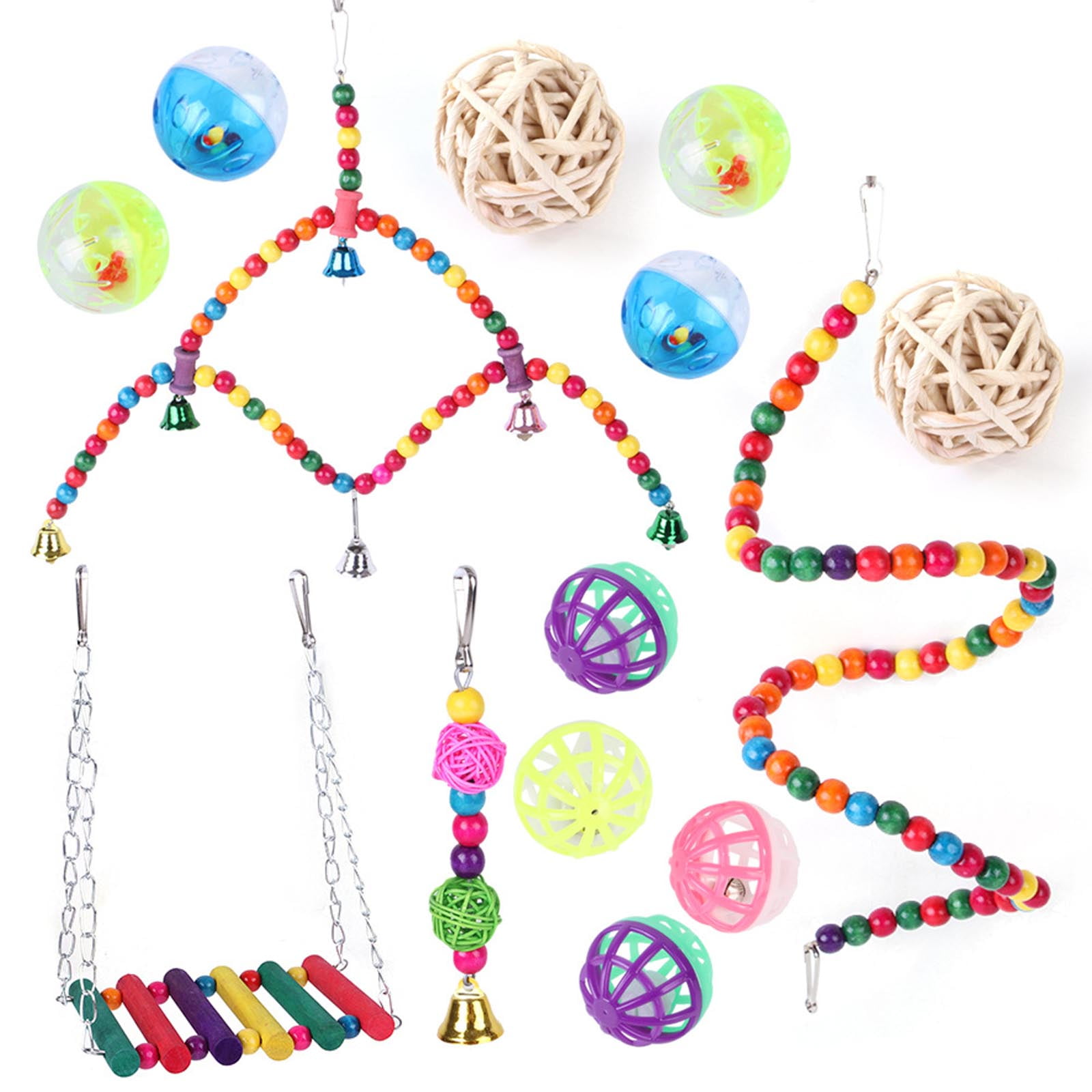 14 Pieces Bird Swing Chew Toy Ladder Hammock Stand Perch Bell for Conure Finch Mynah Lovebird