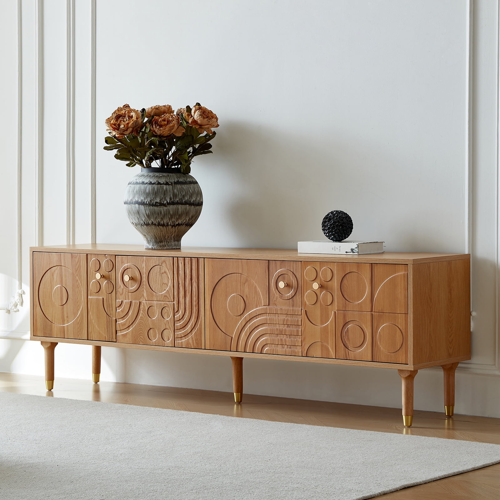 siu want Modern TV Stand for 75 inch TV, 70.9" Retro Media Console with Carved Geometric Doors & 4 Cabinets, Wood Color Entertainment Center​
