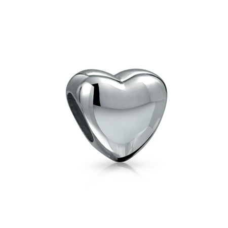 Ladies Silver Charm Basic Simple Heart Shape Polished Charm Bead For Women Teen 925 Sterling Silver Fits European Bracelet ()