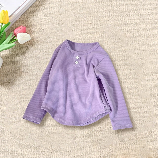 LIJCC T-Shirt en Coton Côtelé pour Filles, Manches Longues, Col Rond, Ourlet Incurvé, Tunique Unie, Coupe Ajustée, Basique