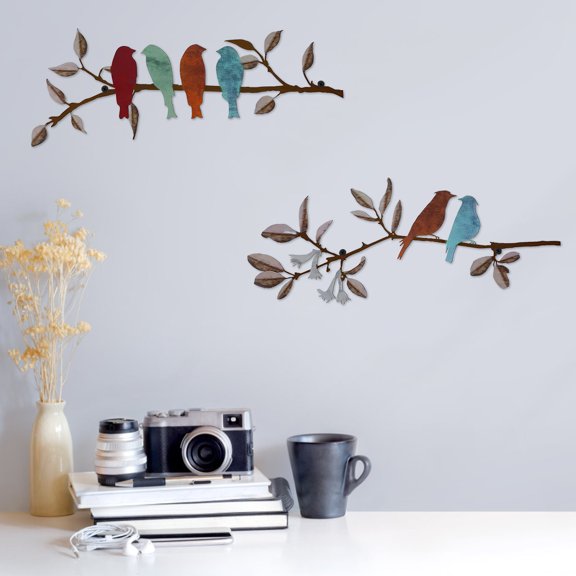 Jokapy 2Pcs Metal Birds Wall Decor Hanging Metal Wall Art Birds on Branch Iron Scroll Sculptures, Colorful