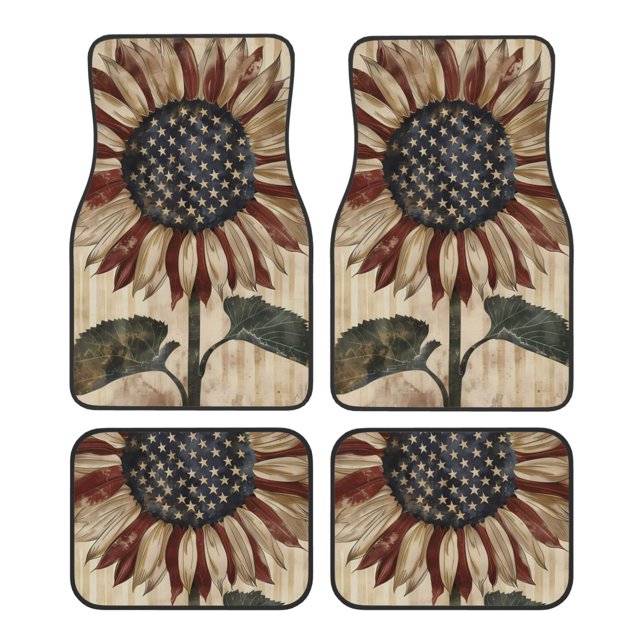 Balery USA Sunflower Flag Juego de 4 Alfombrillas para Auto, Revestimientos de Caucho Resistente, Diseño Antideslizante