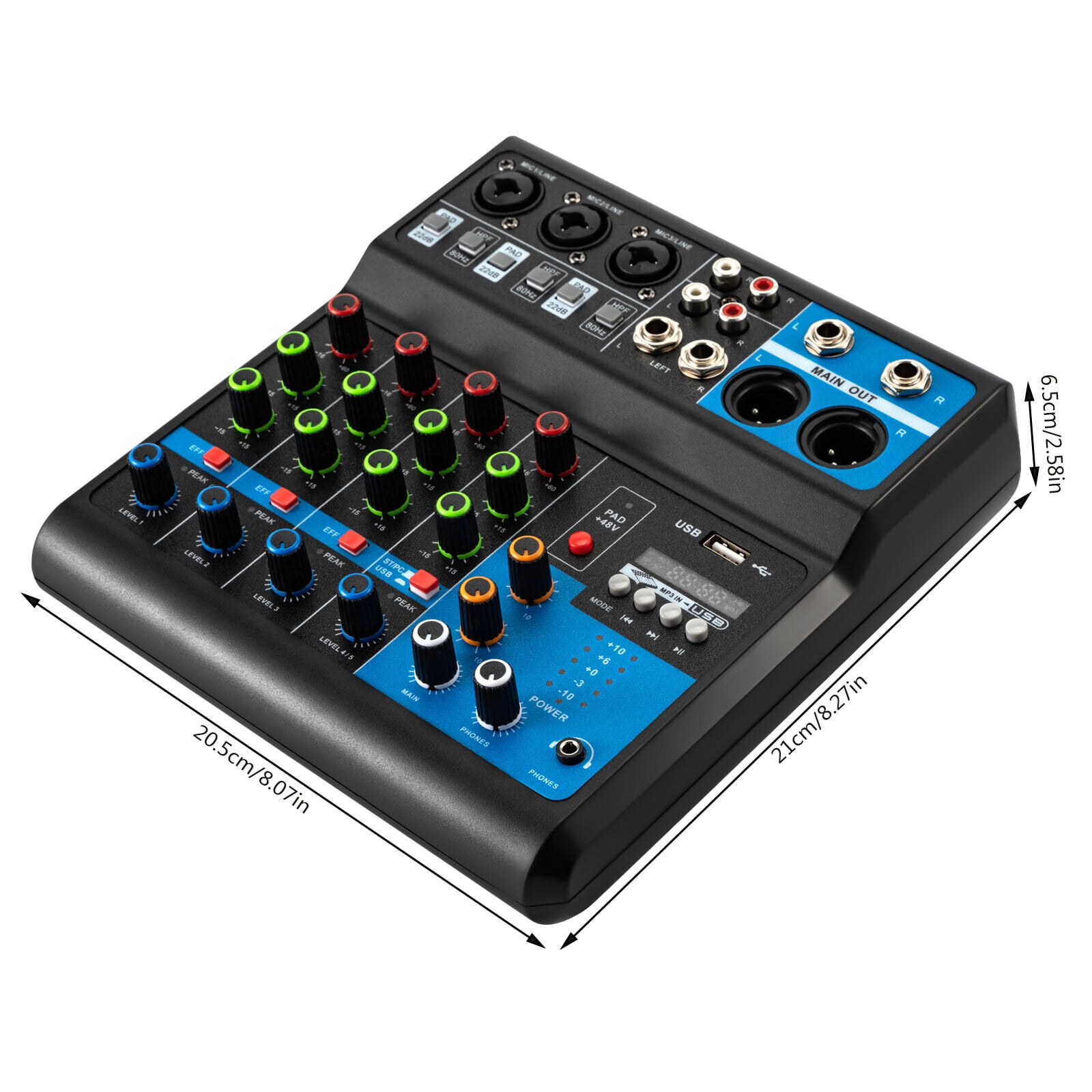 5 Channel Audio Mixer,Professional Sound System Mixer Board DJ Mixing Console,48V Phantom Power Audio Mixer with Bluetooth USB MP3 Stereo,Mini Audio Mixer for Studio Karaoke Live Music