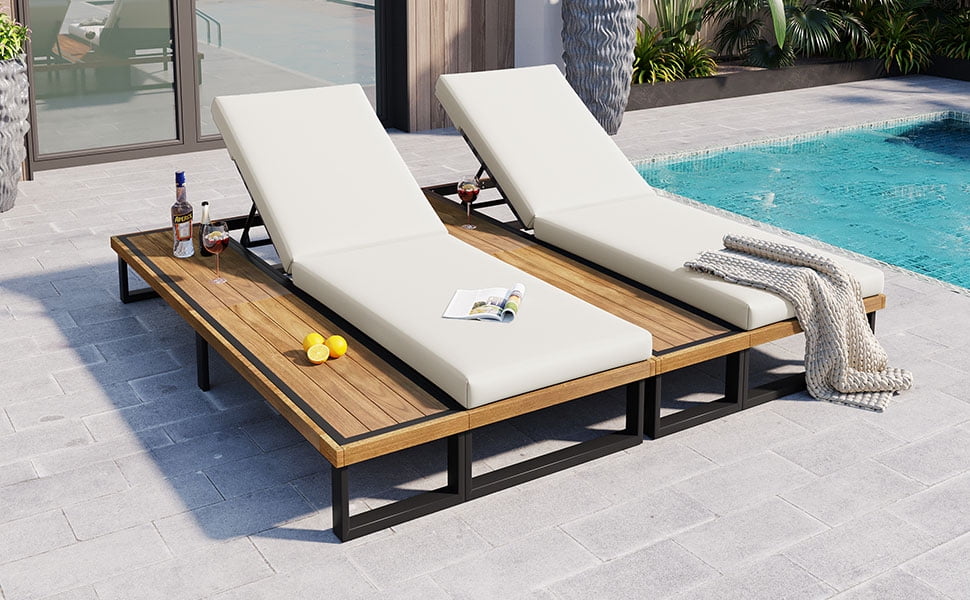 Euroco Outdoor Chaise Lounge Chair Set of 2 with 5-Position Adjustable Backrest , Reclinings with Cushions, Patio Loungers with Wood Side Table, Sturdy Frame