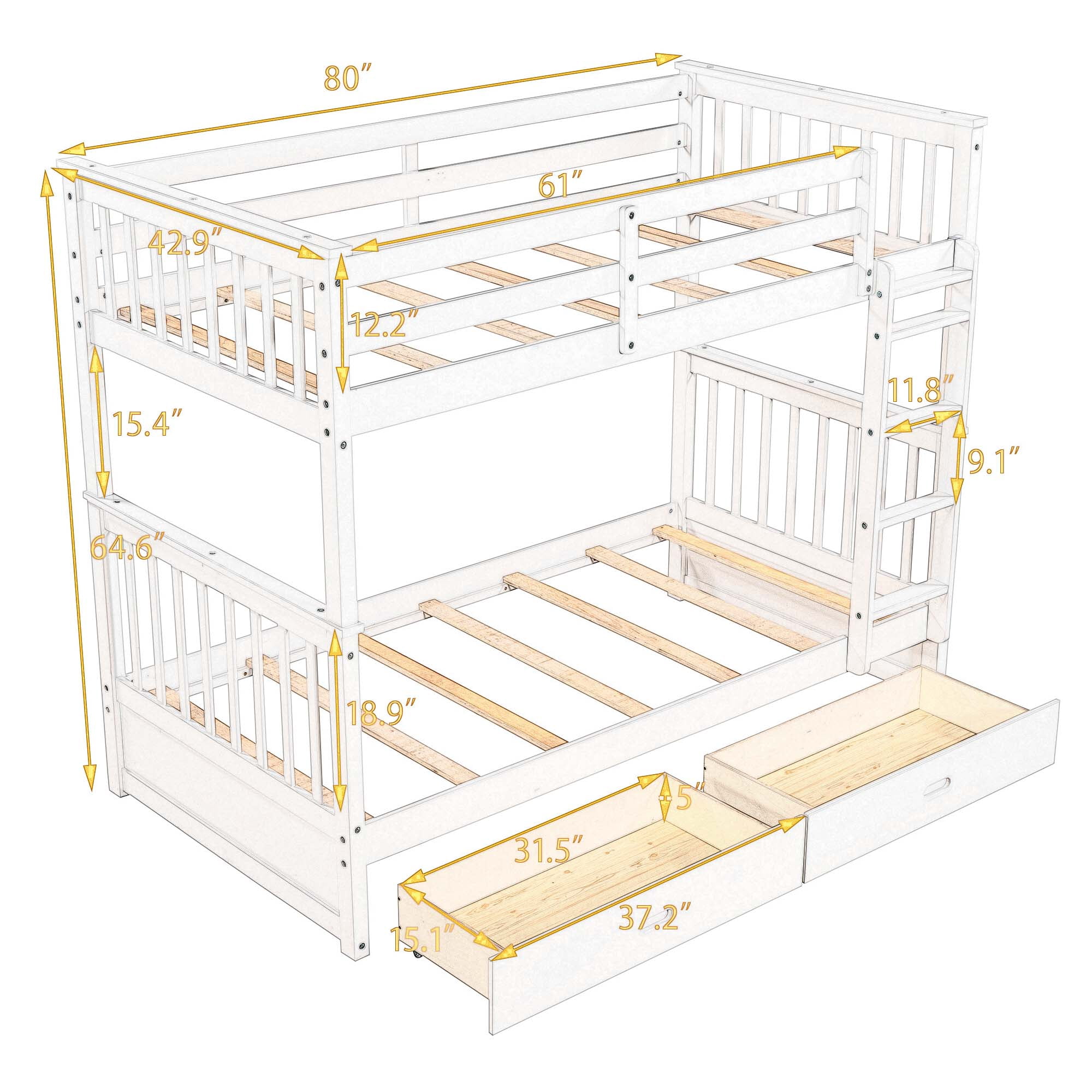 Aukfa Twin over Twin Bunk Bed with Two Storage Drawers, Wood Convertible Two Bed for Kids Teens - White
