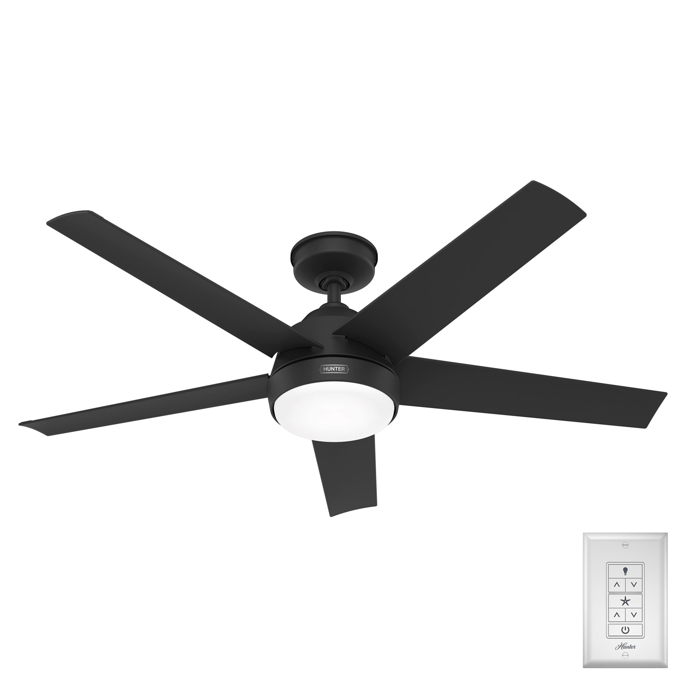 Hunter - Skyflow Outdoor  Ceiling Fan With Light, Wall Control, 52-inch, Matte Black, Modern-style, 3-speed WhisperWind Motor, 52589
