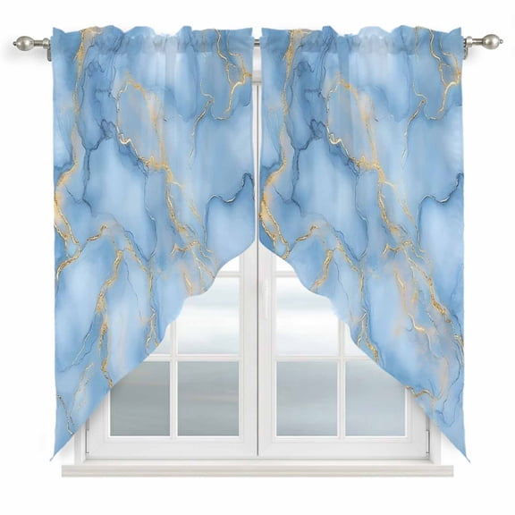 Light Blue Marble Kitchen Window Curtains, Swag Curtains Valance for Bedroom Living Room Bathroom, Ink Painting Art Luxury Modern Rod Pocket Window Treatment Curtain Block Drapes 2 Panels 36"x36"