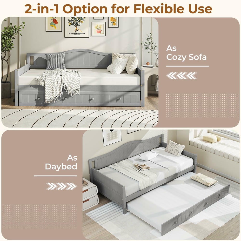 Barara King Twin Size Bedroom Trundle Bed Frame with Trundle and Slats Support on Wheels, Bed Platform Frame for Bedroom, Apartment, Gray