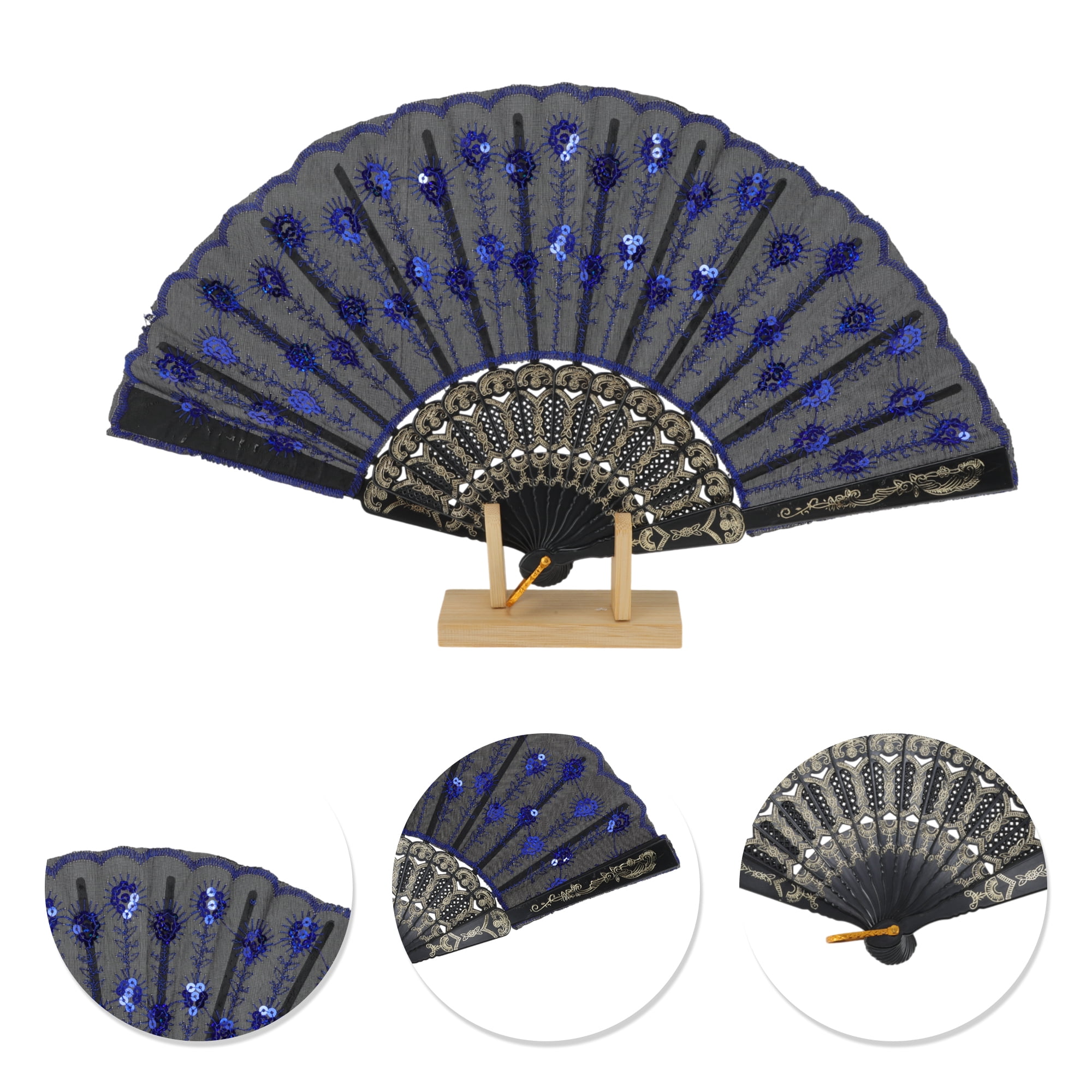 Unique Bargains Beautiful Sequins Folding Fan 1 Pc Dark Blue