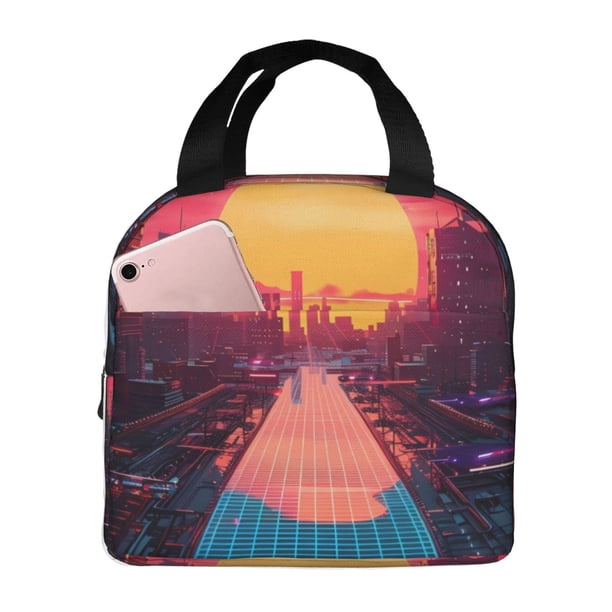 Disketp Neon Sunset Cyberpunk Cityscape Bolsa Térmica para Almuerzo para Hombre y Mujer, Ideal para Trabajo, Senderismo y Picnic