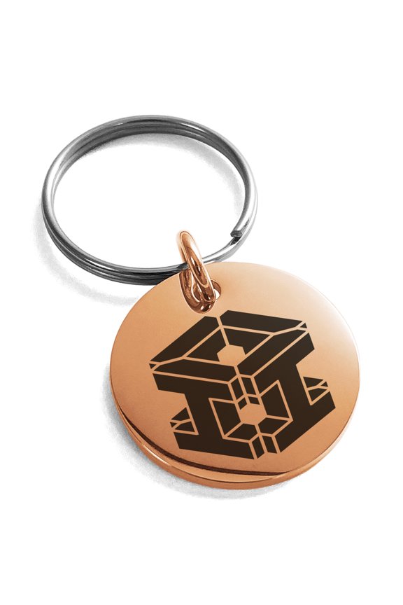 Stainless Steel Letter I Initial 3D Cube Box Monogram Engraved Small Medallion Circle Charm Keychain Keyring