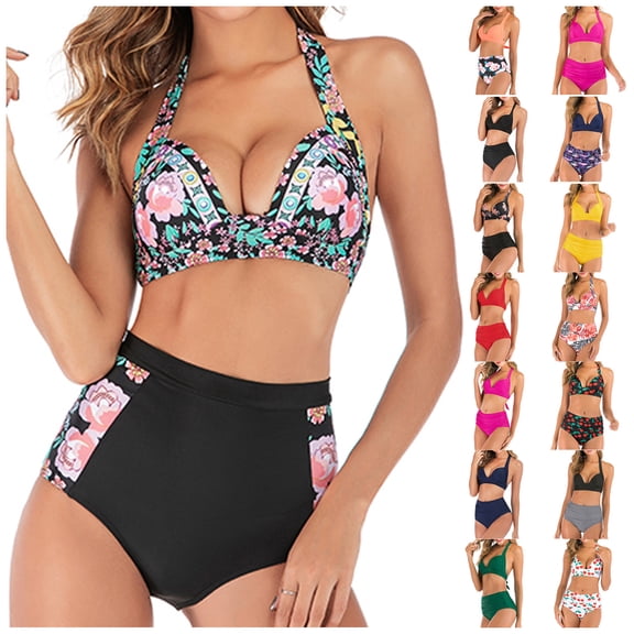 Women's Bikini Set Fashion Print High Waist Sexy Two Piece Swimsuit for Beach Pool Summer Vacation,Black,L