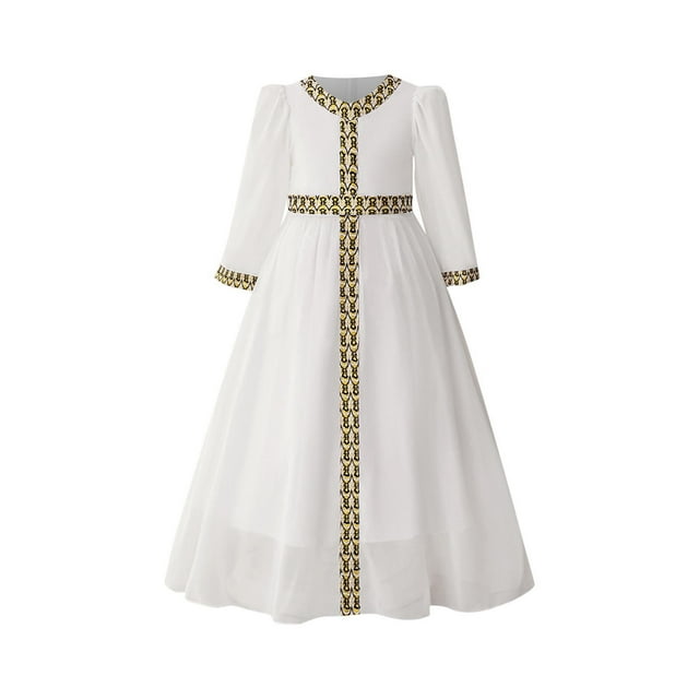 Bwiyojiz Tailles de Mode 110-140 Robe Musulmane en Coton pour Filles Princesse Banquet Manches Longues Soirée Brodée Exquise Performance Col en V, Blanc