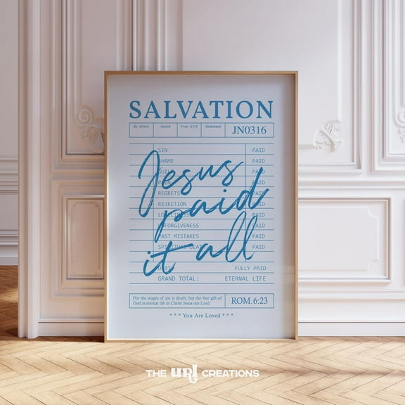 Jesus Paid It All Print, Modern Christian Wall Art Blue, Bible Verse, Blue Preppy Decor, Trendy Wall Art, Coastal Scripture Prints Wall Art, Modern Wall Decor, 8x12 UNFRAMED