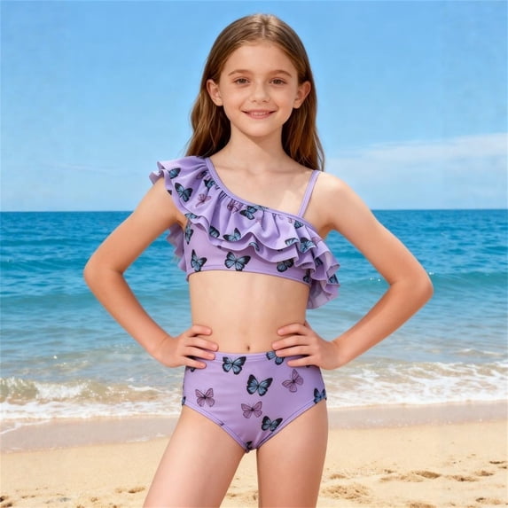Miaoju Girls Two Piece Bathing Suits One Shoulder Swimsuits Kids Beach Pool Swimwear