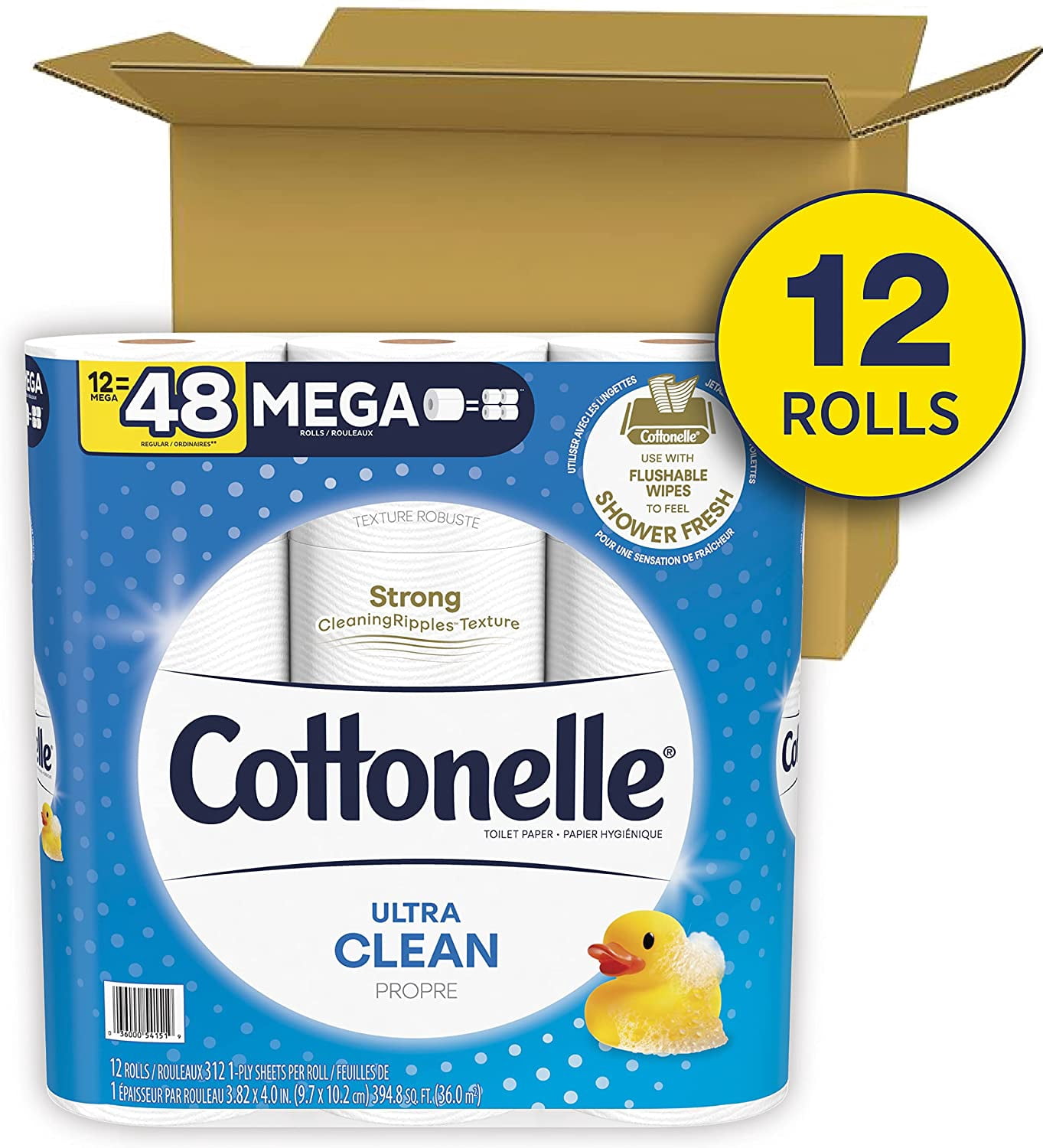 Cottonelle Ultra Clean Toilet Paper, 12 Mega Rolls, 312 Sheets per Roll