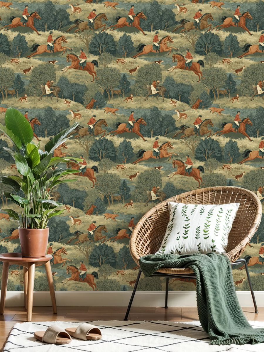 Hunt Peel and Stick Wallpaper 23.6in x 9.8ft Equestrian Chase Horses Riders Dogs Natural Landscape Contact Paper Vinyl Waterproof Self Adhesive Wall Paper for Bedroom Shelf Cabinet Renter Friendly