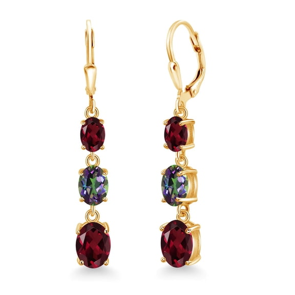 Gem Stone King 18K Yellow Gold Plated Silver Red Rhodolite Garnet 3 Stone Dangle Earrings for Women (5.70 Cttw, Gemstone January Birthstone, Oval 8X6MM, 7X5MM and 6X4MM)