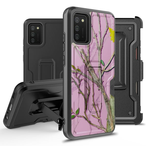 ANJ Rugged Hybrid Shockproof Case w/Kickstand Holster Clip Card Slot Cover for Samsung Galaxy A02S (SM-A025) - Pink Tree Camo