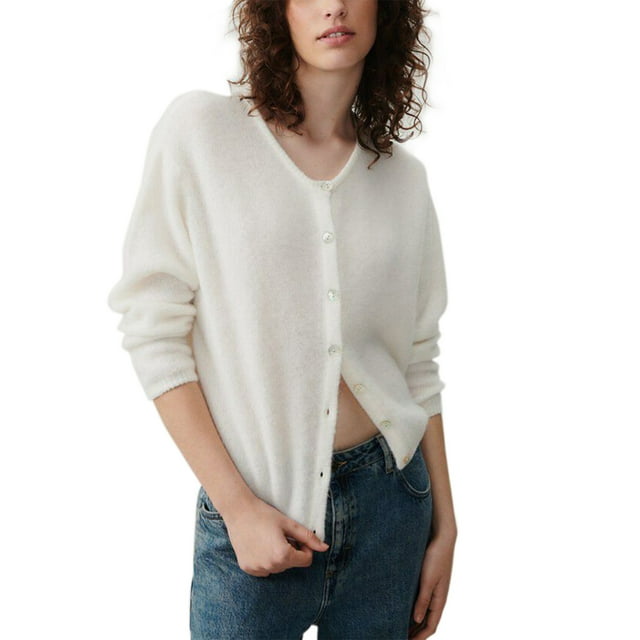 Gupgi Women's Knit Cardigan Solid Color Crewneck Long Sleeve Button Down Sweater Soft Lightweight Ribbed Coat Tops