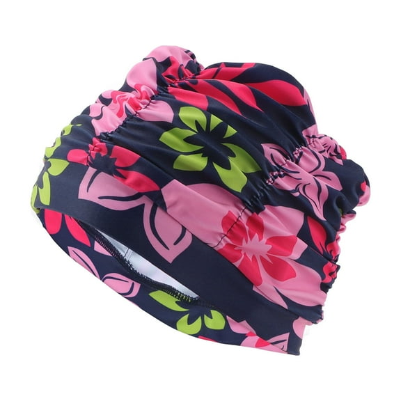 Unique Bargains 1 Pc Elasticity Flower Pattern Swim Cap 5.91"x9.25" Navy Blue Red