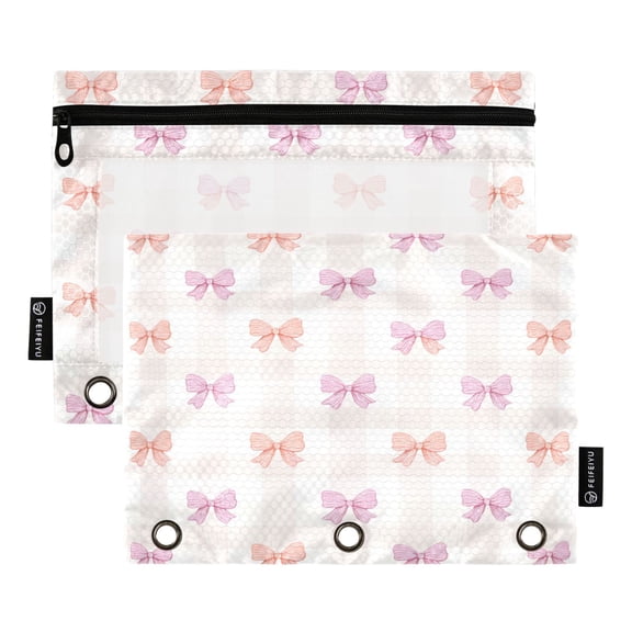 2 Pack 3 Ring Binder Pouch with Clear PVC Window Water Resistant Zipper Pencil Pouch Sweet Pastel Bow Pattern Binder Pocket for Classroom Office Home Stationery Organization