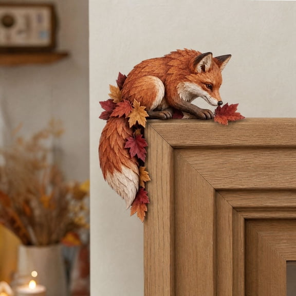 Acrylic Fox Door Topper, Animal Door Corner Decor, a Curled Orange Fox Rests Across the Top Edge of a Doorway, for Entryway Door Frame Shelf and Woodland Home Styling and Decor